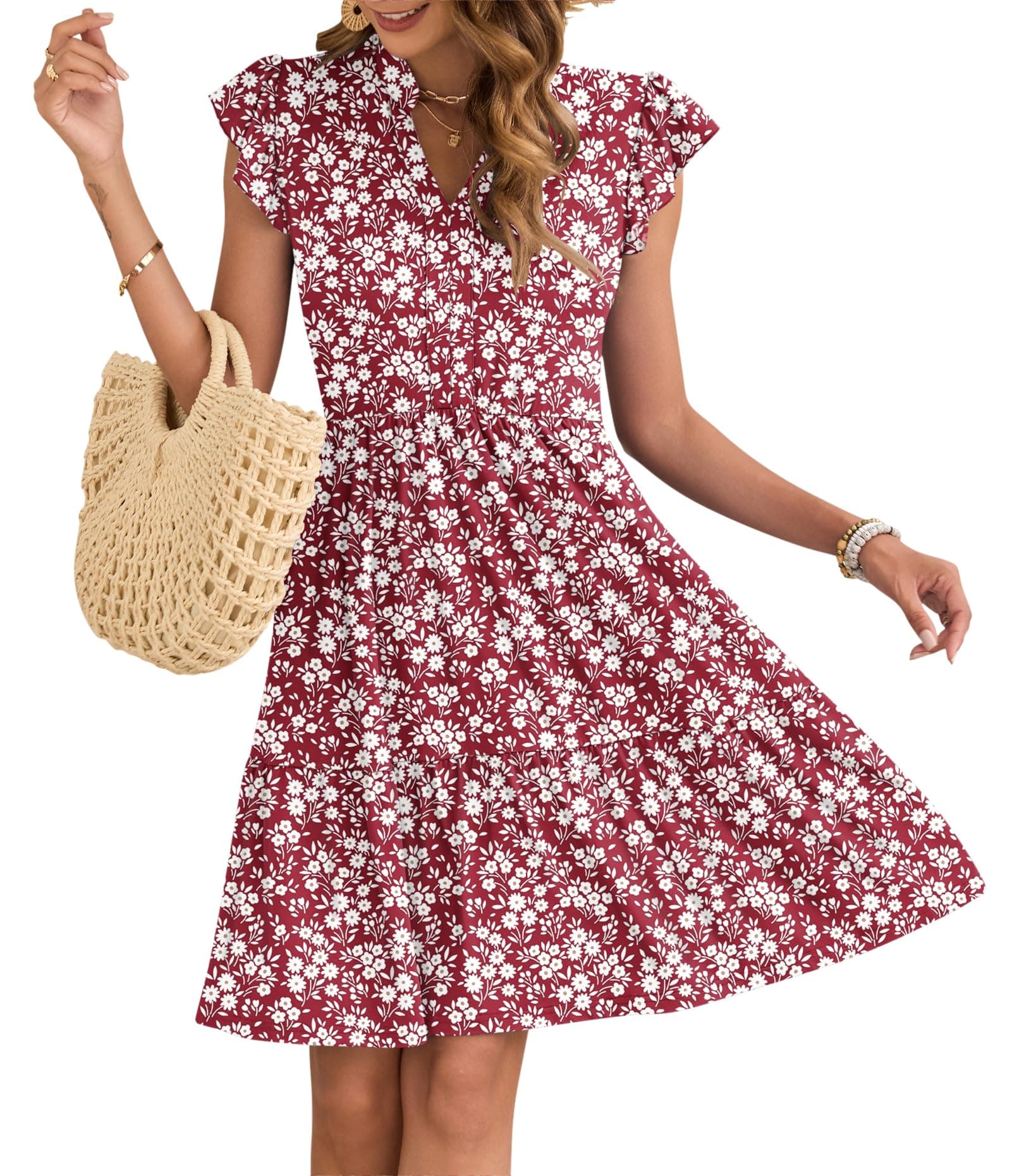 🌺 AUSELILY Damen Sommerkleid V-Ausschnitt Kleider 🌼 Rüschen Ärmel Minikleid