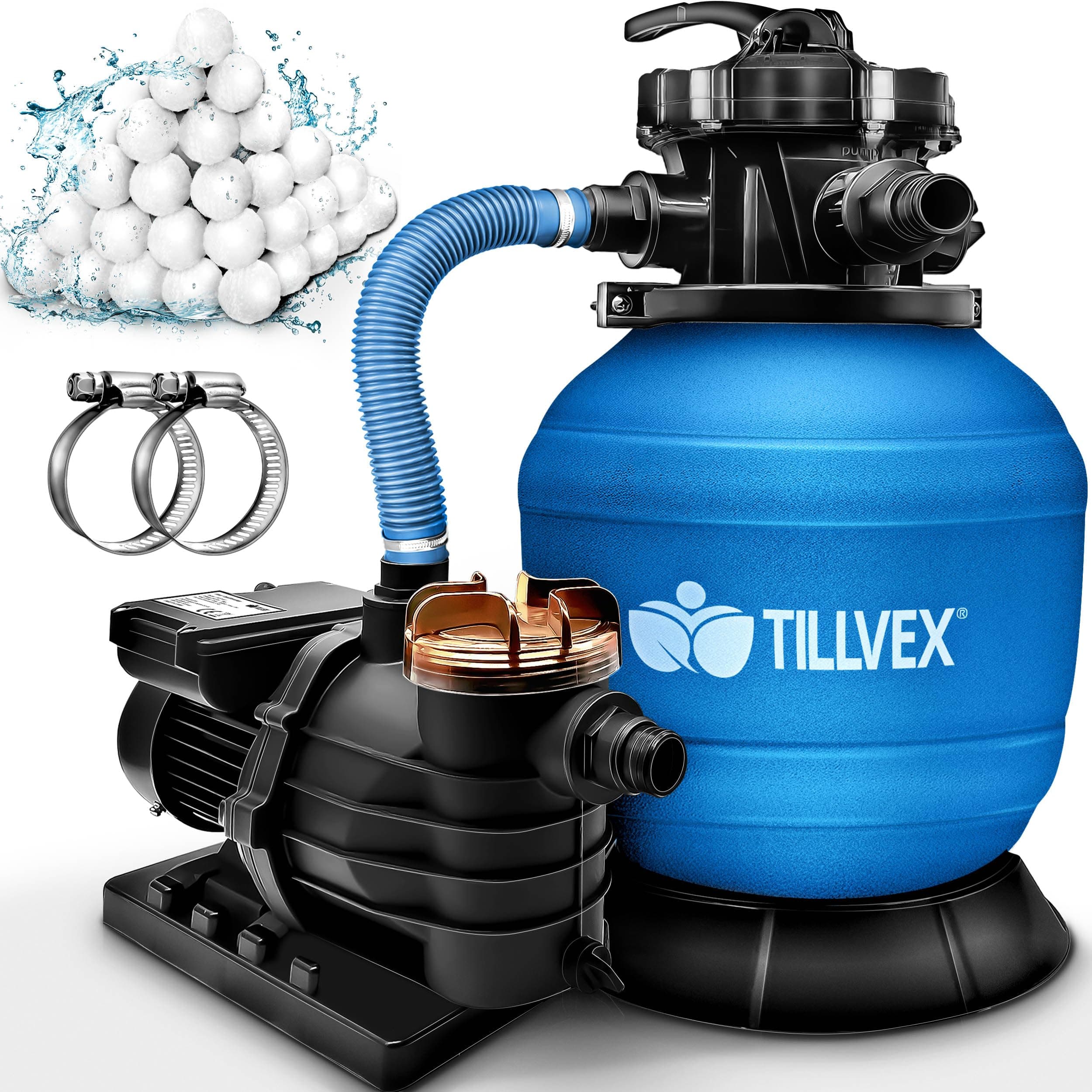 tillvex® Sandfilteranlage Pool 13.200L/h bis 40.000L + 1200g Filterbälle | Filteranlage 7-Wege Ventil & 2in1 Adapter Ø32-38mm | Poolfilter Selbstansaugend | Sandfilter Schwimmbecken (Blau) 🏊‍♂️