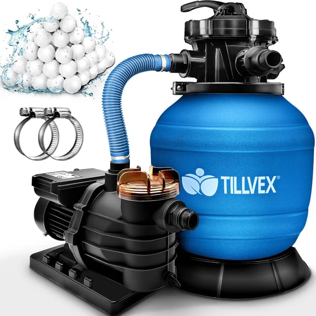 tillvex® Sandfilteranlage Pool 13.200L/h bis 40.000L + 1200g Filterbälle | Filteranlage 7-Wege Ventil & 2in1 Adapter Ø32-38mm | Poolfilter Selbstansaugend | Sandfilter Schwimmbecken (Blau) 🏊‍♂️