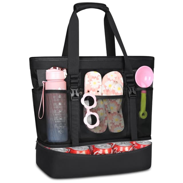 🏖️ RAINSMORE Strandtasche XXL Familie mit Reißverschluss 42L Badetasche Damen Groß Beach Bag mit Wasserdichter Tasche für Shopper Strand Pool Picknick Fitnessstudio
