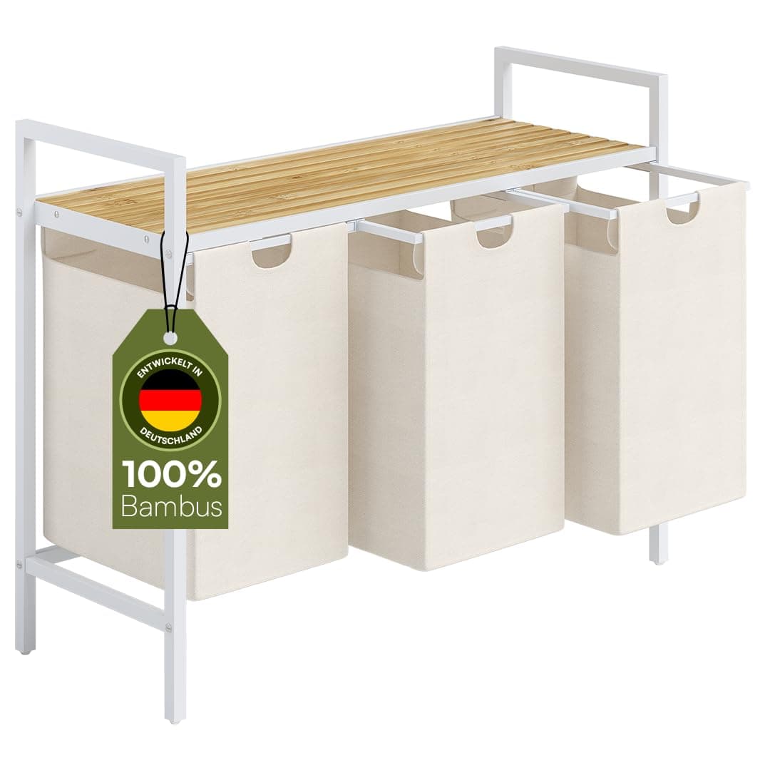 🧺🌟 STEELSØN Rigil Wäschekorb 3 Fächer – Wäschesammler mit Bambus Ablage 🌟