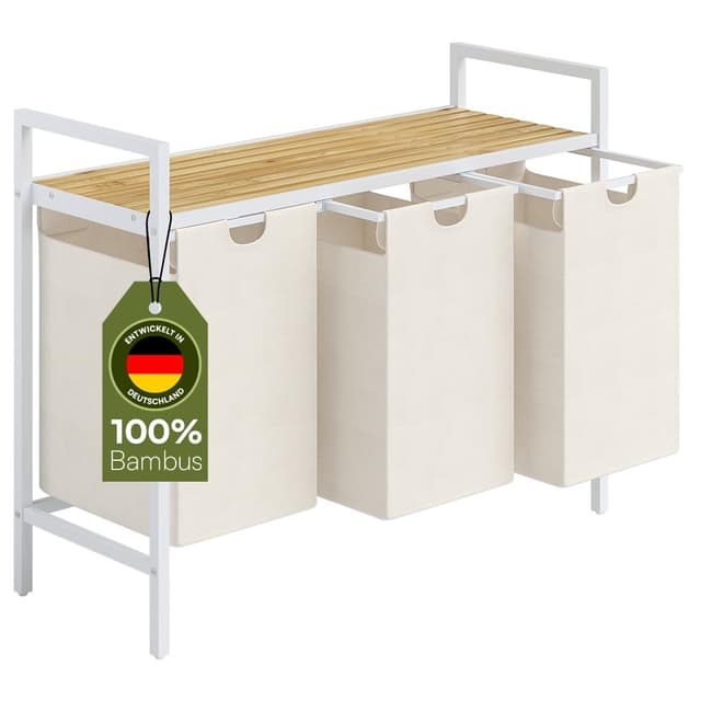 🧺🌟 STEELSØN Rigil Wäschekorb 3 Fächer – Wäschesammler mit Bambus Ablage 🌟