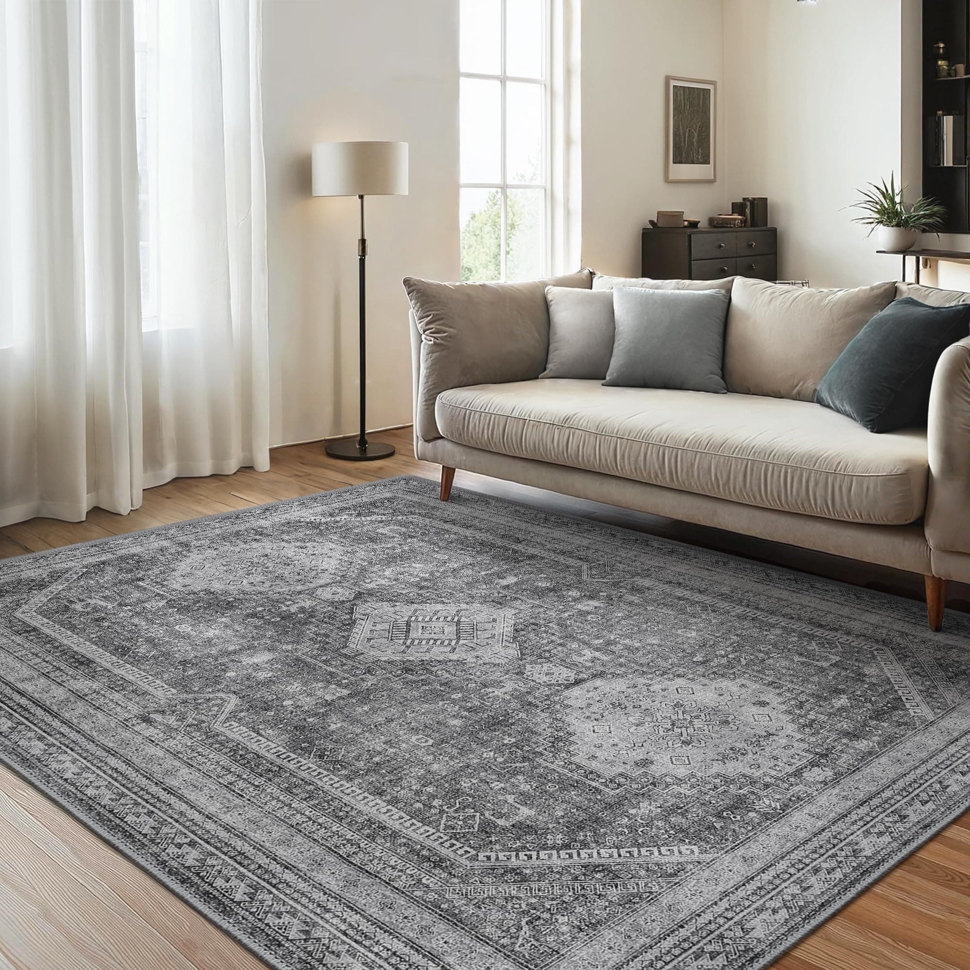 GENIMO Grauer Teppich 160x230cm, Boho Kurzflor Teppich Wohnzimmer 🌺