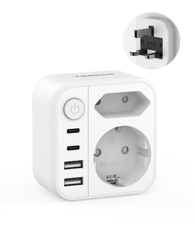 🔌 TESSAN Adapter England Deutschland Stecker mit 1 Schalter, England Steckdosenadapter mit 2 USB C und 2 USB A