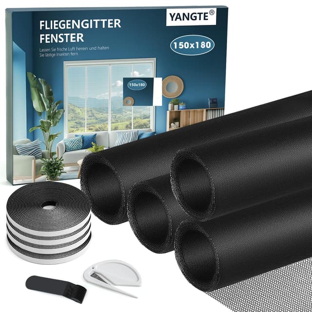 YANGTE Fliegengitter für Fenster-4 Stück 150 x 180cm Schwarz 🦟🪰