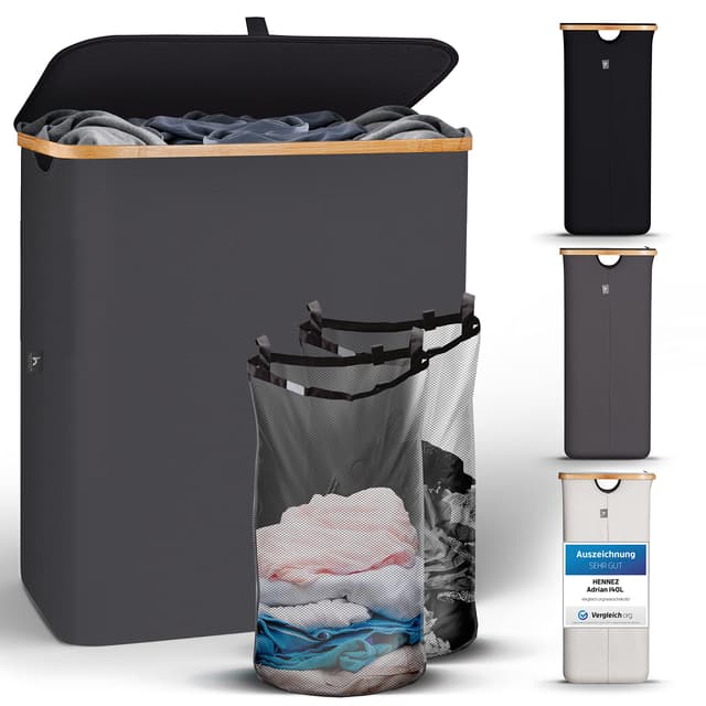 🧺 HENNEZ Wäschekorb mit Deckel 2 Fächer schmal grau 140L Wäschesack - Wäschesortierer Wäschebox Wäschetonne Wäschesammler Wäschetruhe Waschekorbsammler 🧺