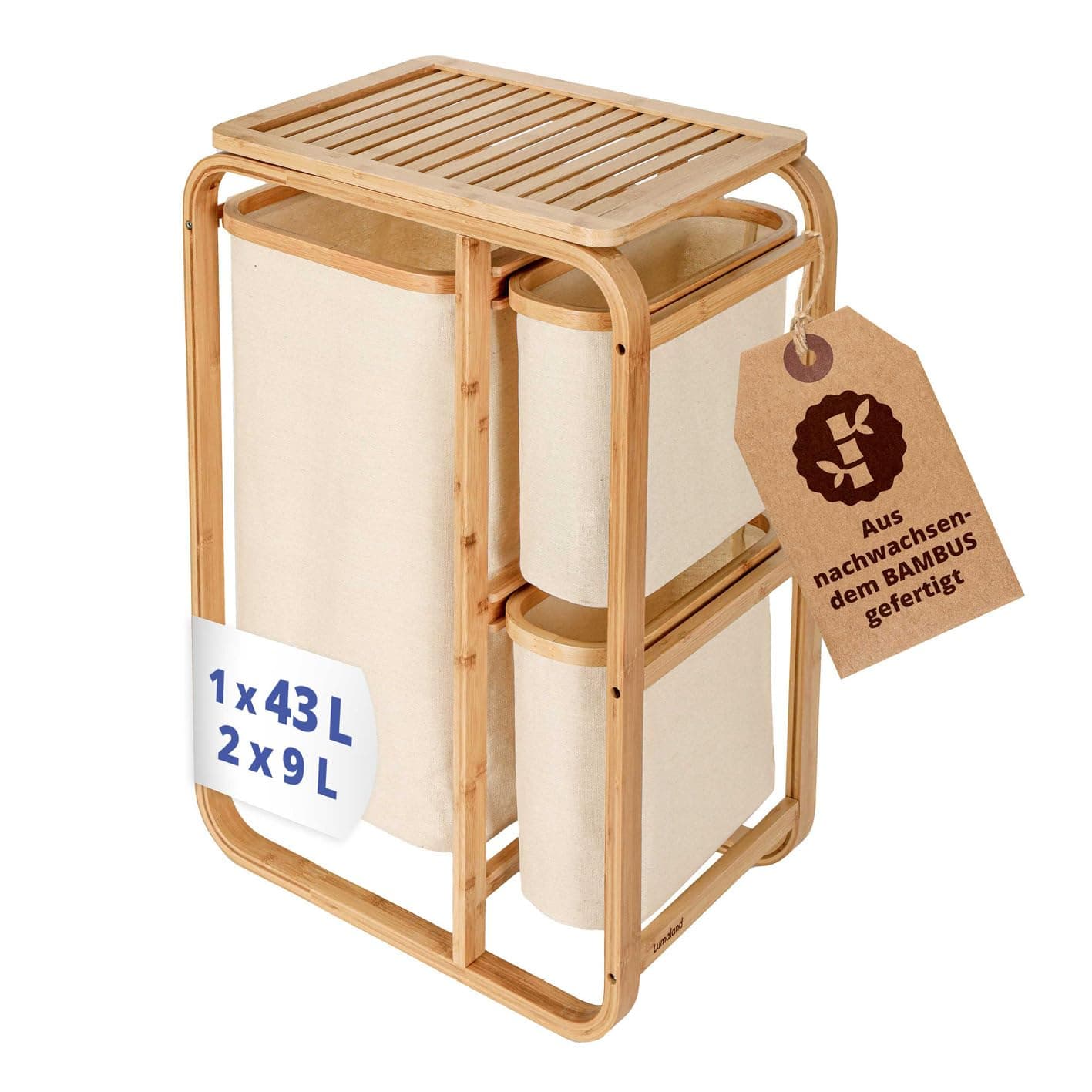 Lumaland Bambus Wäschekorb mit 3 Wäschesäcken 🧺 | Beige