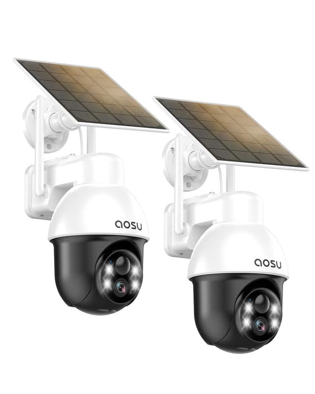 AOSU Überwachungskamera Aussen mit Solarpanel, Panorama-PTZ, Automatischer Personenverfolgung, 2K-Nachtsicht, Licht- und Tonalarm, 2-Wege-Audio (2er Pack)