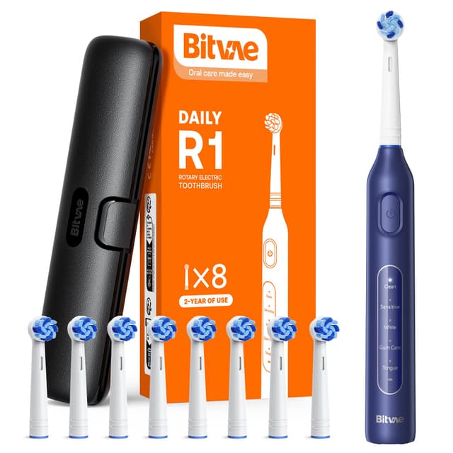 Bitvae Rotierende elektrische Zahnbürste mit 8 Bürstenköpfen für Erwachsene und Kinder in Dunkelblau 😁