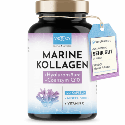 Premium Marine Kollagen Kombo 1000mg + Q10, Hyaluronsäure, Kupfer, Mangan, Vitamine C, Zink & Biotin - Made in Austria by VROODY