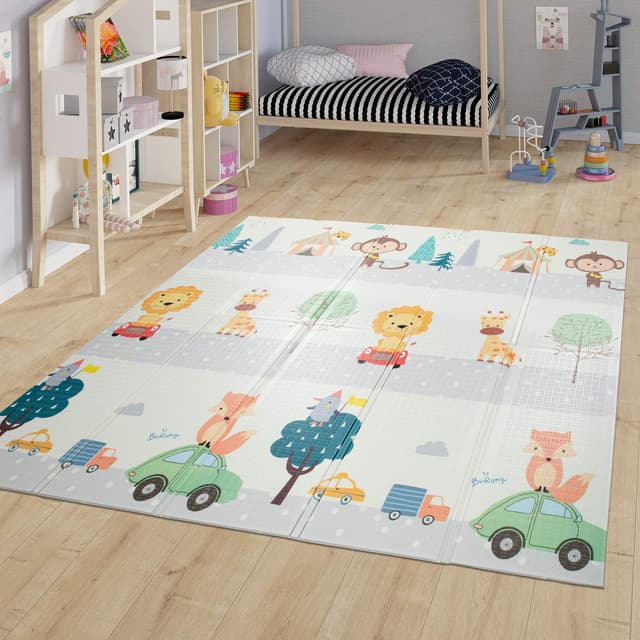 🎉 Super Deal! TT Home Faltbare Kinder Matte Spielmatte 🐻🚗 Baby Krabbelmatte Mit Tier Design Abwischbar, Farbe:Bunt, Größe:150x200 cm - Mehrfarbig