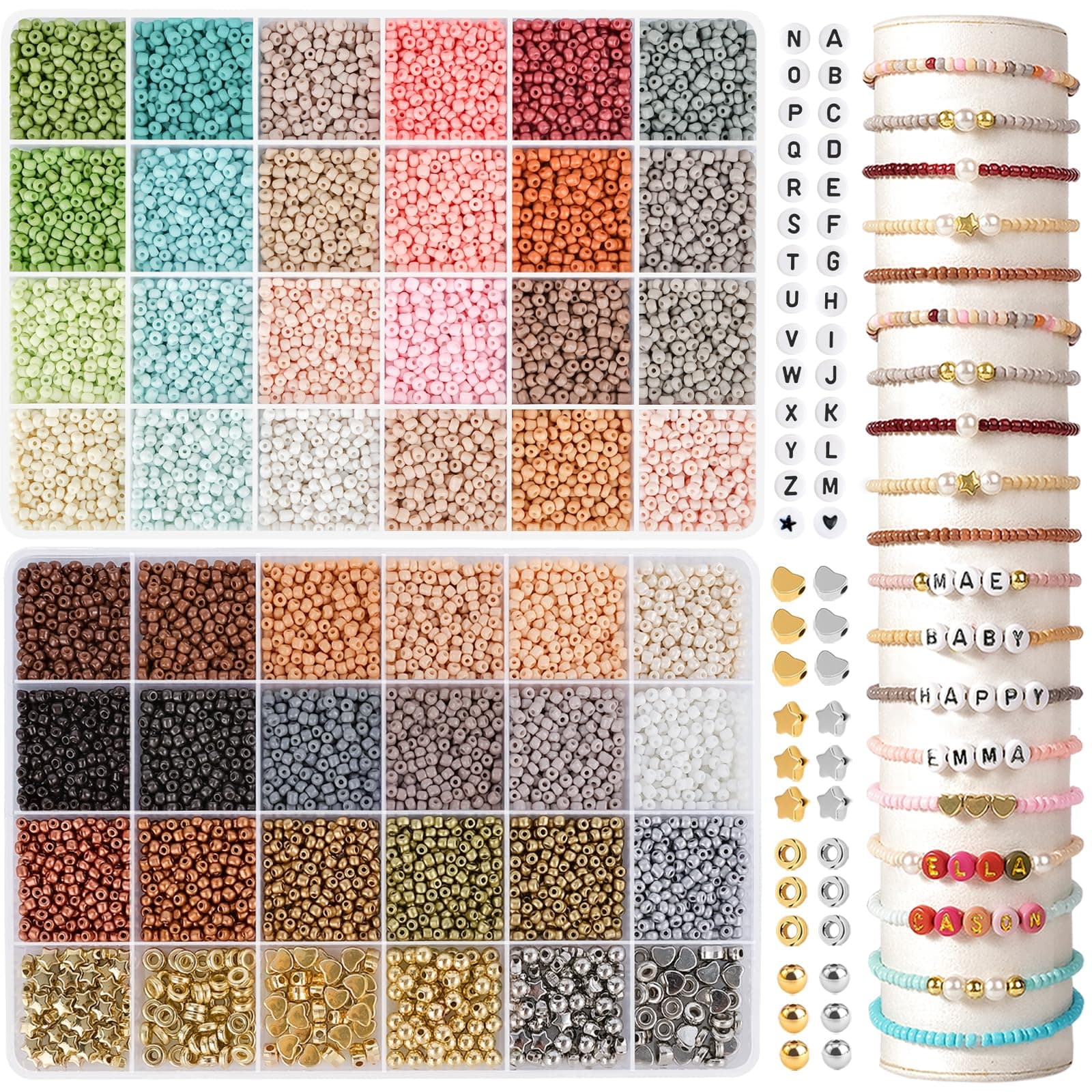 RUBY 3mm Perlen für Armbänder - Set mit 48 Farben und 200 Buchstabenperlen