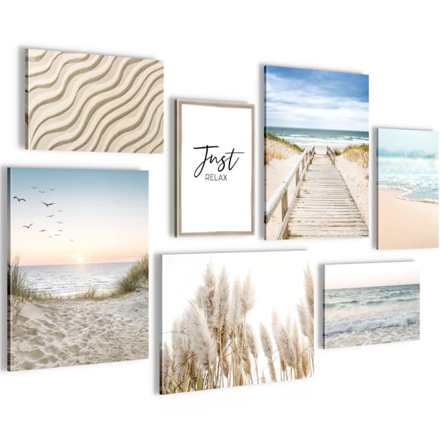 Novart Wandbilder Meer - KOMPLETT AUFHÄNGFERTIG - Paradies Strand Wohnzimmer Schlafzimmer - 7 Moderne Mood-Bilder - N004871a 110 x 73 cm Just Relax 🌊😌