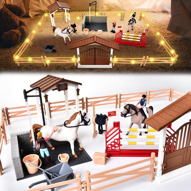🐴🎁 JONRRYIN Pferdestall Spielzeug Set mit LED Licht - Weihnachten Geburtstag Geschenk für Kinder