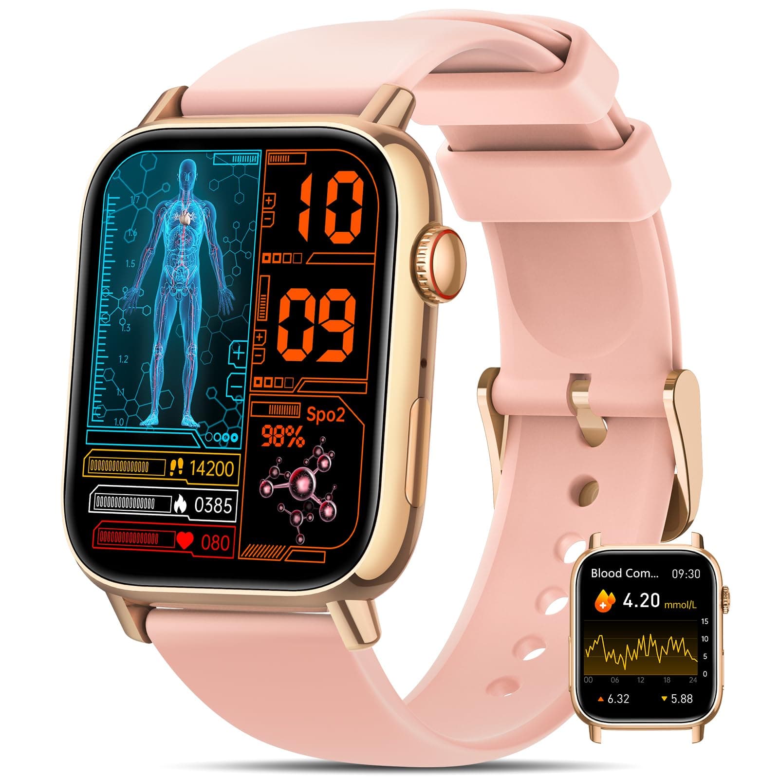 NAIXUES 2025 Smartwatch Herren Damen 𝐁𝐥𝐮𝐭𝐳𝐮𝐜𝐤𝐞𝐫, 1.83" Zoll Uhren Damen mit 150 Sportmodi/𝐄𝐂𝐆/𝐇𝐑𝐕/Herzfrequenz/SpO2/Blutdruck, IP68 Wasserdicht Fitness Tracker für iOS Android, Gold 🌟