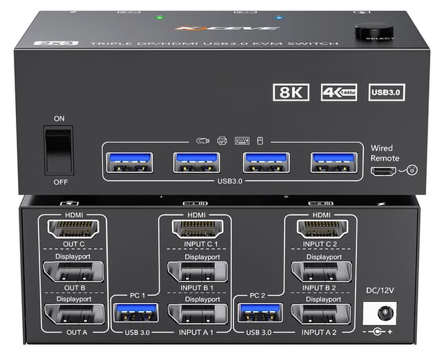 ✨ Super Deal! KVM Switch 3 Monitore 2 PC, HDMI+2 Displayport 8K@60Hz 4K@144Hz