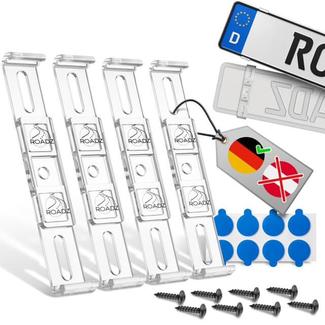 ROADZ® Kennzeichenhalter Rahmenlos - [unsichtbar & legal] - Sicherung für bombenfesten Halt - Set für 2 Kennzeichen - werbefrei - Nummernschildhalter - rahmenlose Kennzeichenhalter Auto Deutschland + EU (kein Österreich) Transparent 🚗🇩🇪