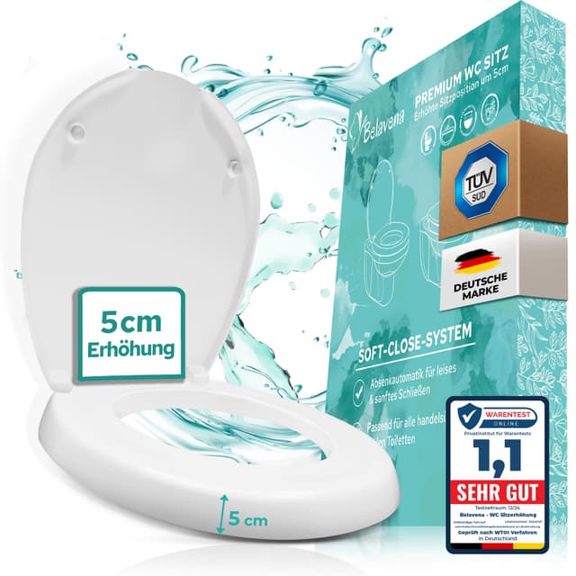 BELAVENA® WC Sitzerhöhung 5cm inkl. Absenkautomatik 🩵 | Toilettensitzerhöhung bis 200kg belastbar
