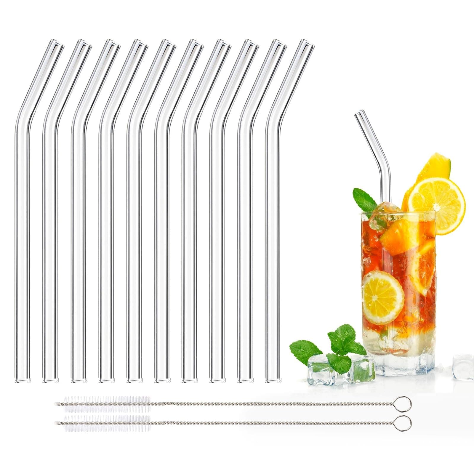 🌟 DONQL 10 Stück Glasstrohhalme aus Borosilikatglas mit Reinigungsbürsten - Qualität Trinkhalme Länge 20cm