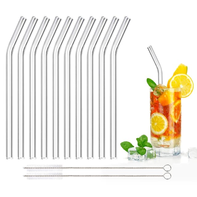 🌟 DONQL 10 Stück Glasstrohhalme aus Borosilikatglas mit Reinigungsbürsten - Qualität Trinkhalme Länge 20cm