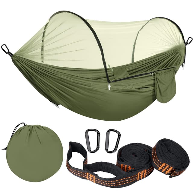Ultraleicht Outdoor Hängematte mit Moskitonetz 300KG Tragkraft 🌿 | Reise Hängematte Camping Atmungsaktiv Schnelltrocknendes 🏕️ | Tragbare Fallschirm Nylon Hängematte für Rucksackreisen, Wandern, Garten Grün 270*140cm