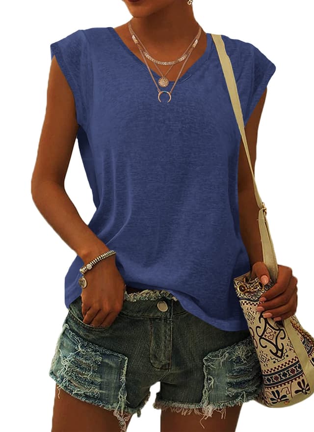 👚 WNEEDU T-Shirt Damen Sommer V Ausschnitt Tank Top Locker Bluse Oberteile Top Sommer Damen Leicht und Luftig mit Flügelärmeln M 01-navy - Angebot!