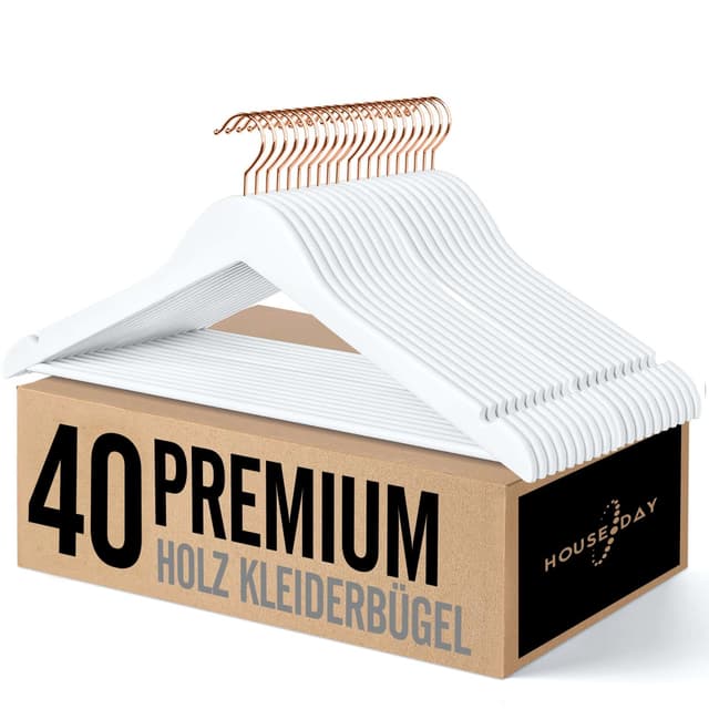 👔🌟 HAUS TAG Kleiderbügel Holz, 40 Stück weiß, Roségold Haken