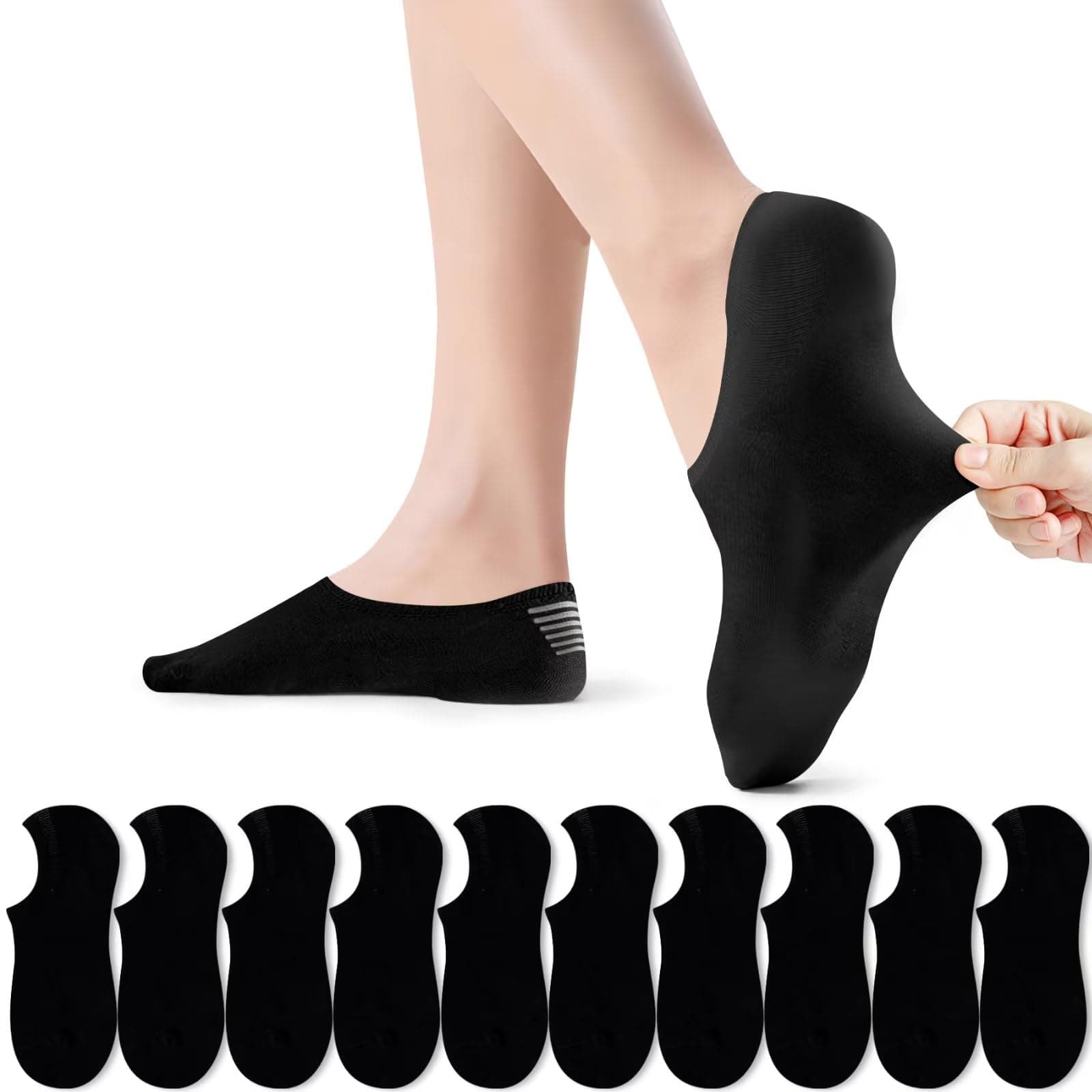 PAUNEW Sneaker Socken Damen 10 Paar 🧦 Sportsocken für Damen Füsslinge Füßlinge No Show Socken Footies Unsichtbare Großes Silikonpad Verhindert Verrutschen Herren 47-50 10*schwarz