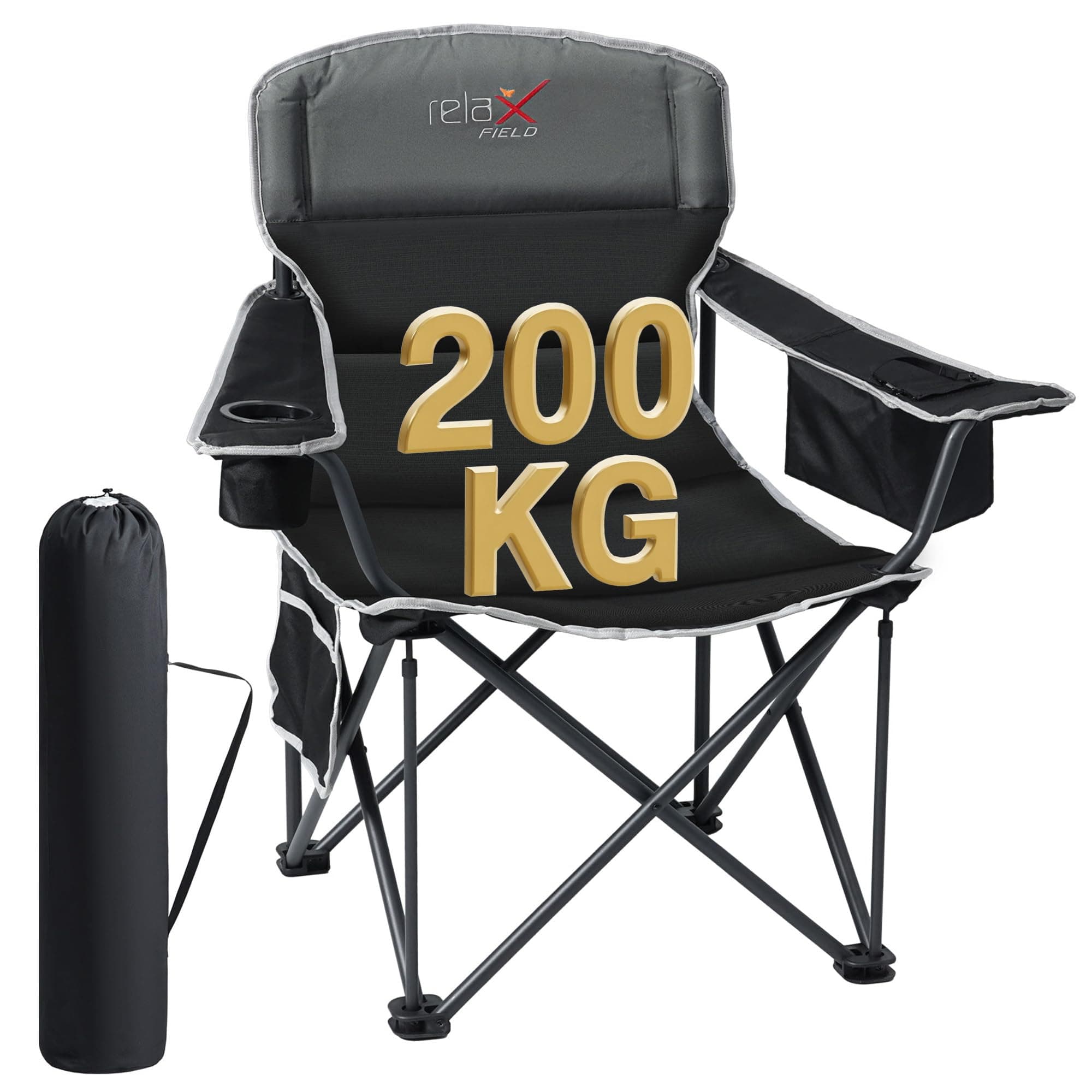 🏕️ RELAX FIELD Campingstuhl Faltbar 200KG mit Getränkehalter und Kühltasche