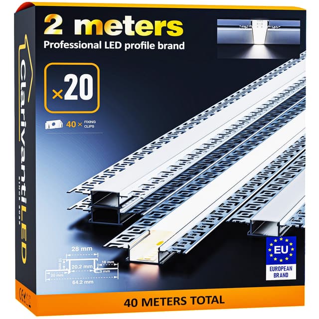 ClarivantiLED 2m×20 Trockenbauprofil Aluminium Profil für LED Streifen bis 20mm