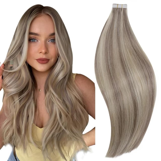 RUNATURE Tape Extensions Echthaar Blond Highlights 35 cm Glatt Tape in Extensions Echthaar Graublond Mit Platinblond Haarverlängerung