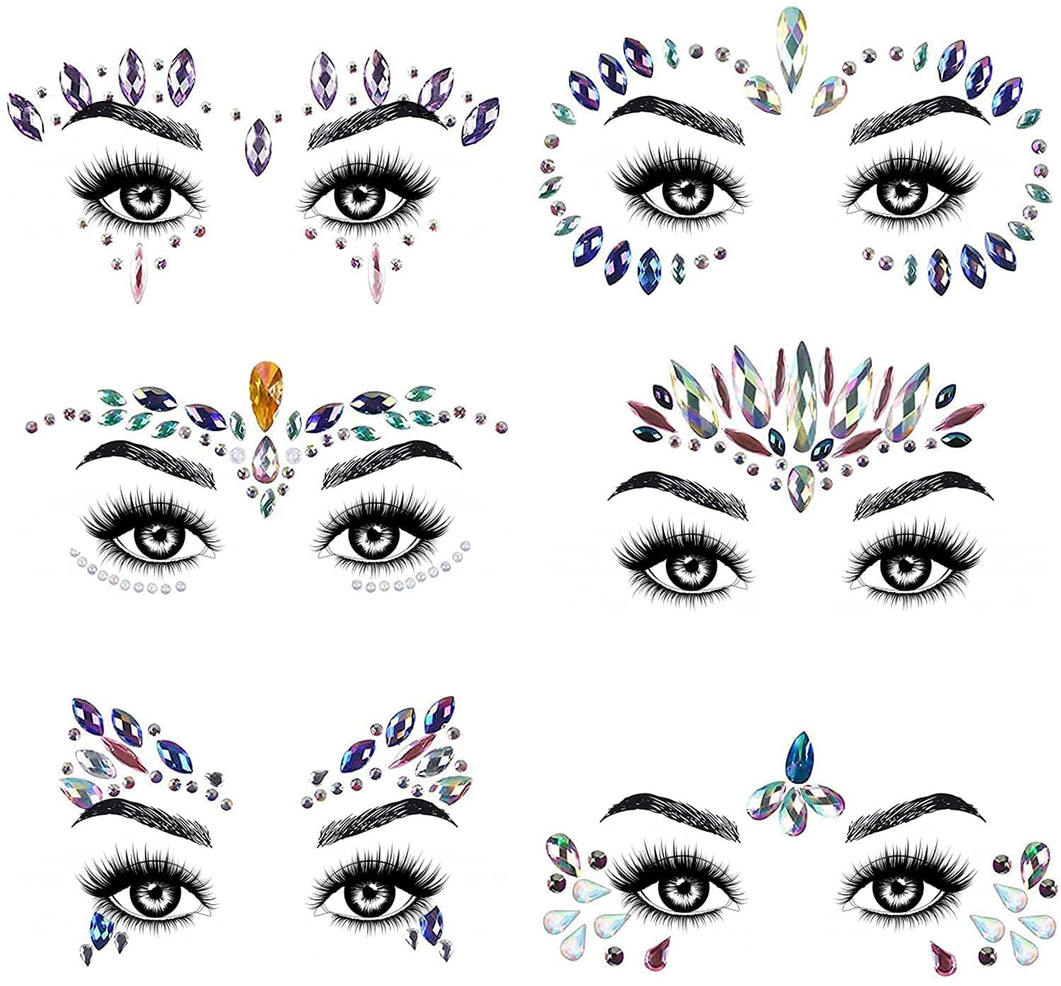 URAQT Glitzersteine Gesicht, 6PCS Glitzer Gesicht Edelsteine, Strasssteine Gesicht Aufkleber Temporäre Tattoo
