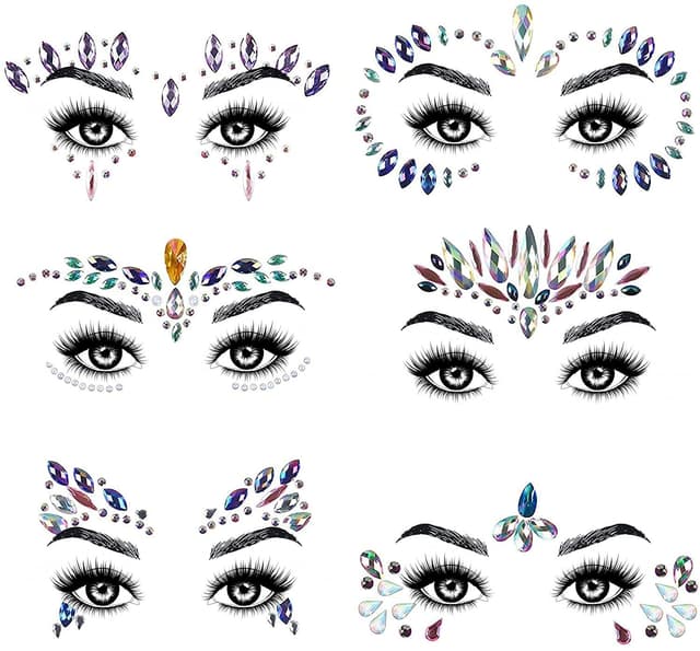 URAQT Glitzersteine Gesicht, 6PCS Glitzer Gesicht Edelsteine, Strasssteine Gesicht Aufkleber Temporäre Tattoo
