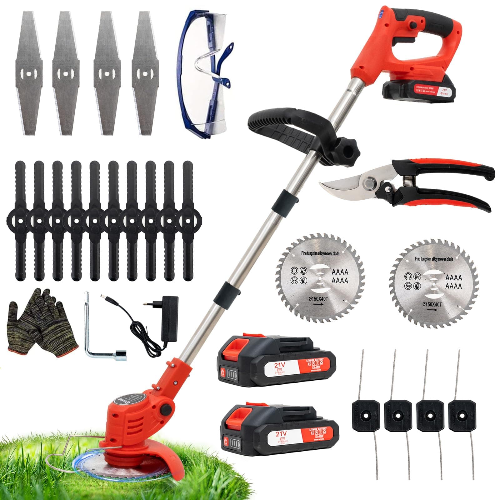 🌿🌻 OUTIGO Akku-Rasentrimmer mit 2 * 21V Akku - 4 Messer - Dreifach klappbarer Mäher