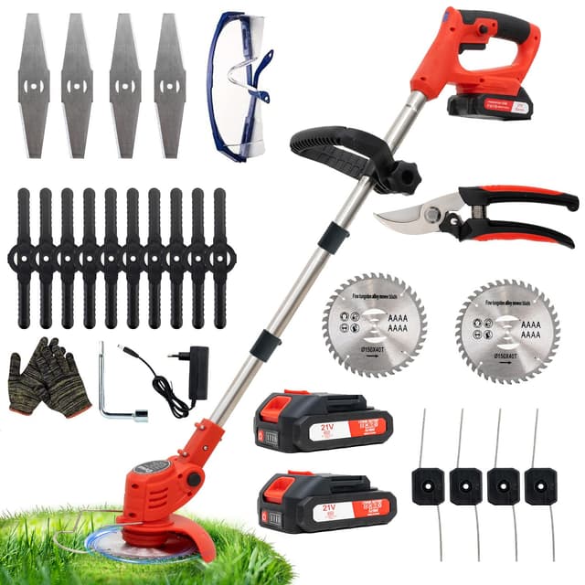 🌿🌻 OUTIGO Akku-Rasentrimmer mit 2 * 21V Akku - 4 Messer - Dreifach klappbarer Mäher