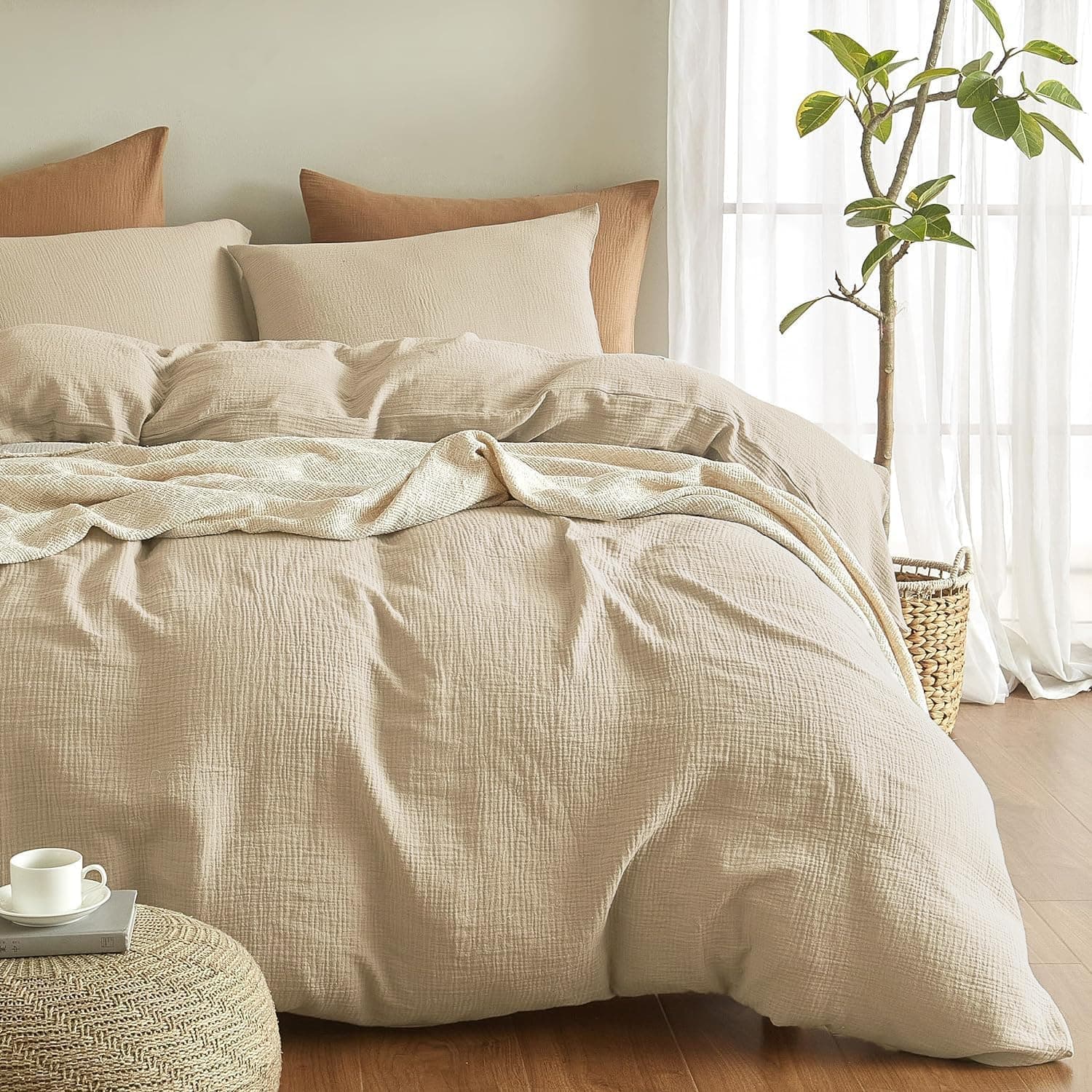 🌟 Boqingzhu Muslin Bettwäsche 200×200 cm Baumwolle Beige Braun Sommerbettwäsche 🛏️😌