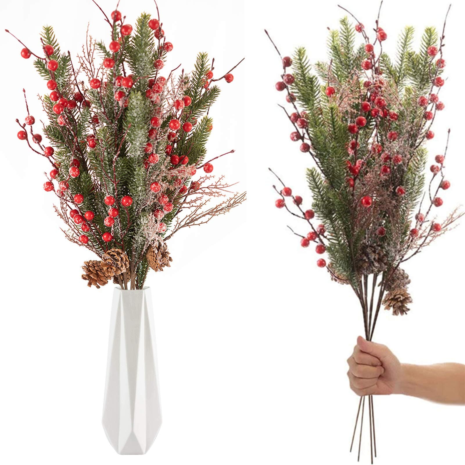 🎄🌟 WPAJIRZO 5 Stück Künstliche Tannenzweige mit roten Beeren & Zapfen 🌟🎄