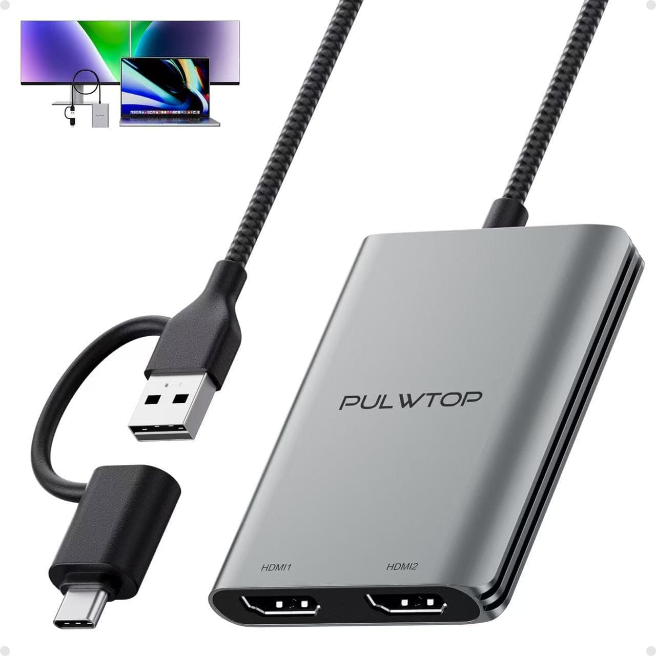 PULWTOP Displaylink Adapter, USB-C auf HDMI Adapter mit Dual-Monitor 4K@60Hz 🌟
