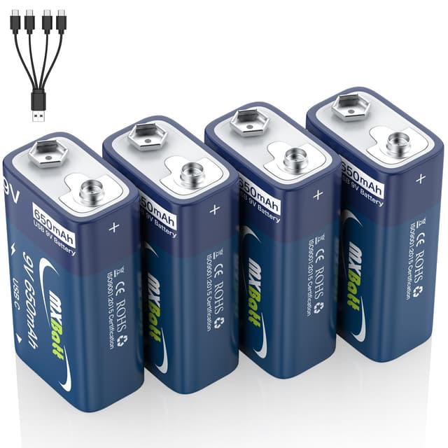 🔋 MXBatt 9V Akku Lithium, 9V Blockbatterie Akku USB C 650 mAh, 4 Stück Wiederaufladbare Batterien