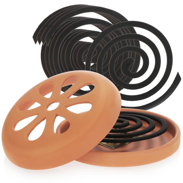 🦟🍋 com-four® 6X Anti-Mücken-Spirale mit 1x Terrakotta-Behälter - Mückenkreisel mit Zitronenduft und Räucherspiralenhalter aus Ton