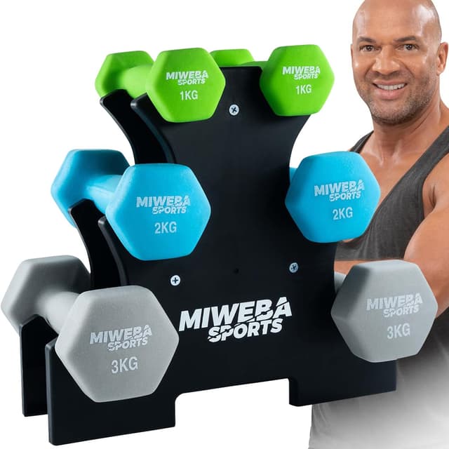 Miweba Sports Hanteln Set Neopren & Vinyl NKH120 - Kurzhantel Set 2 x 1 kg | 2 x 2 kg | 2 x 3 kg | 𝐏𝐫𝐨𝐟𝐢 Hantel Gewichte - Hexagon Kurzhanteln inkl. Hantelständer - Hantelset - Kurzhantelset Grün/Türkis/Grau 🏋️‍♂️🏋️‍♀️