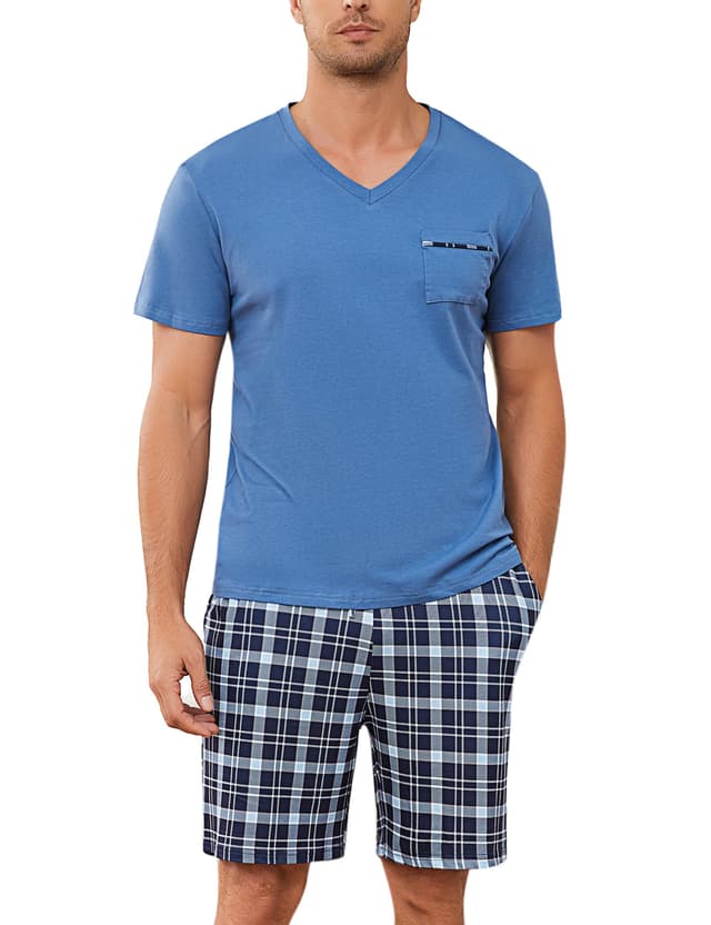 🌙🛌 Sommer Pyjama Herren Schlafanzug Kurz Baumwolle Set XXL Himmelblau M216