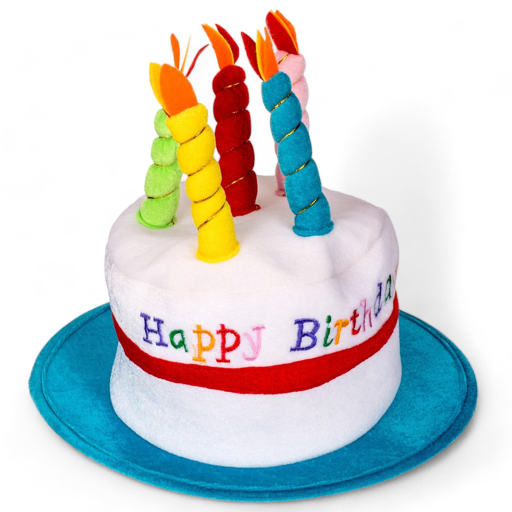 MIJOMA Bunter Plüsch-Geburtstagshut mit 🎉 Happy Birthday Stickerei und 🕯️ einladenden, weichen Plüsch-Kerzen