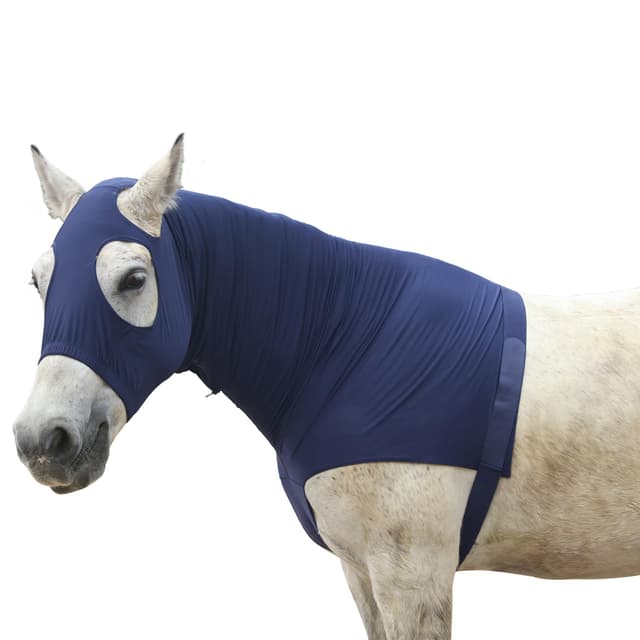 🐎 Gallopoff Halsteil Ekzem, Brustschutz Pferd Decke, Halsdecke Pferd, Schulterschutz für Pferde, Stretch Kapuze mit Reißverschluss und Vollgesicht Halsabdeckung Dunkelblau XXL - Sonderangebot!