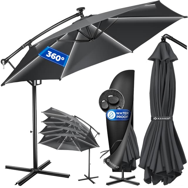 KESSER® Alu Ampelschirm LED Solar Ø350cm Inkl. Abdeckung Fernbedienung Kurbelvorrichtung 🌞