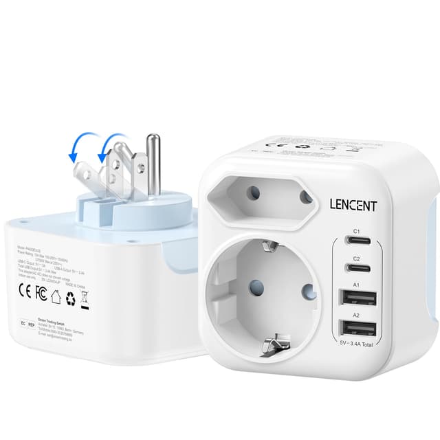 LENCENT Klappbarer Reiseadapter USA Deutschland Stecker - 6-in-1 Reiseadapter mit USB-Anschlüssen