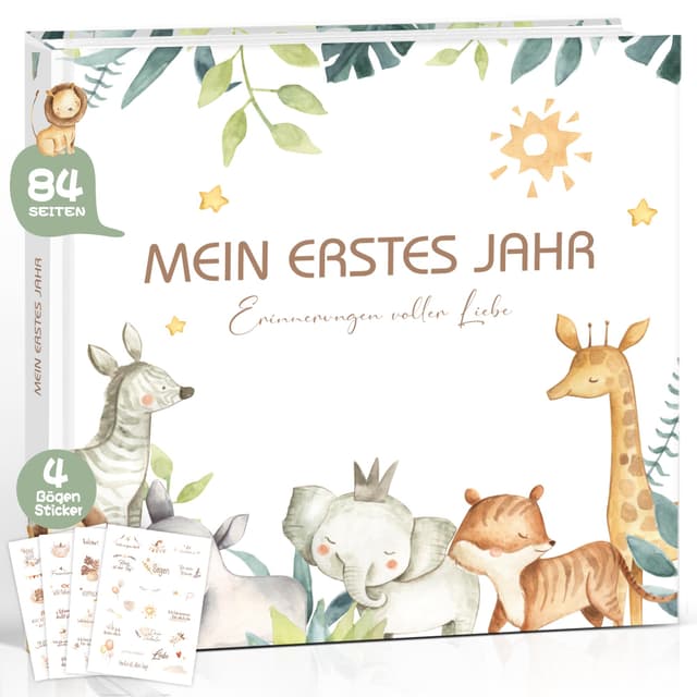 Mein erstes Jahr Babyalbum - Hochwertiges Babytagebuch mit Waldtieren 🦁🦄🐘🐻