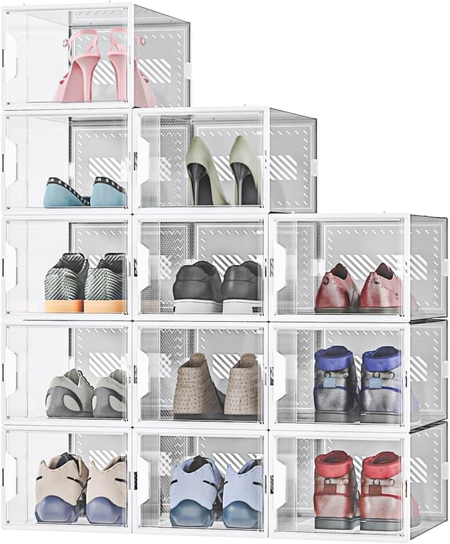 MYHMCT Schuhboxen, 12 Stück, durchsichtiger Kunststoff, stapelbar, für den Eingangsbereich, Schrankboden L Weiß 🥿👠