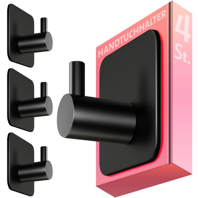 🌟 4smile Handtuchhalter ohne Bohren, 4er-Set in Schwarz - Edelstahl Badezimmer Handtuchhalter 🌟