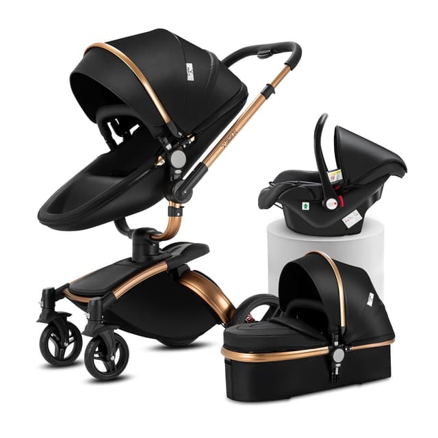 👶 MoLi PU-Leder Kinderwagen 3 in 1, Kinderwagen mit 360° Drehbarem Cabrio-Sitz, Buggy mit Großer Bequemer Babywanne